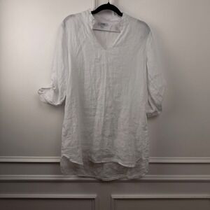 Rosemarine Italy White 100% Linen Tunic Top V-Neck Ruffle Collar 3/4‎ Sleeve